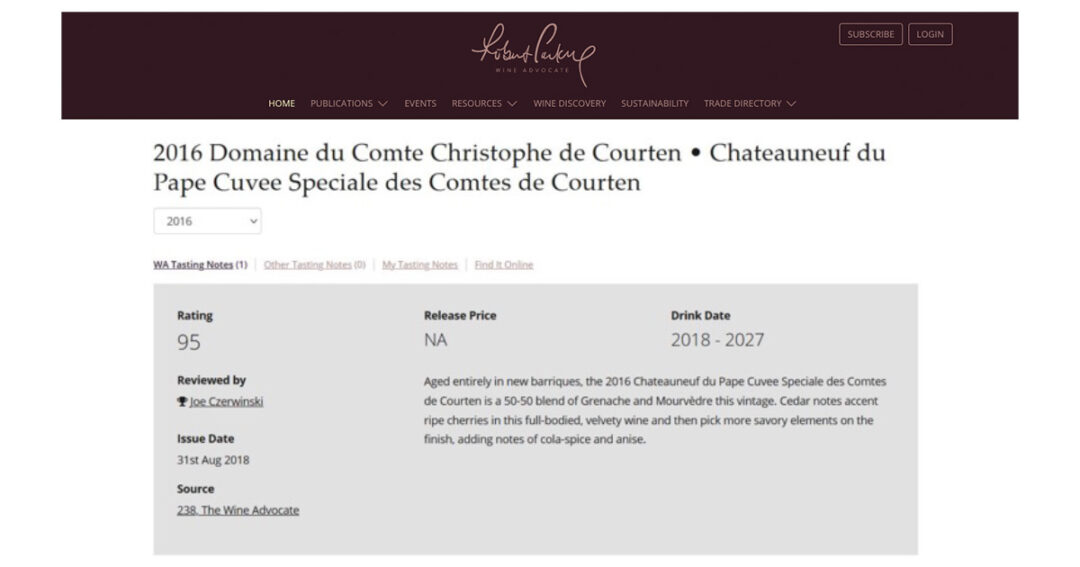 2016 Cuvée Spéciale Domaine du Comte par Wine Advocate