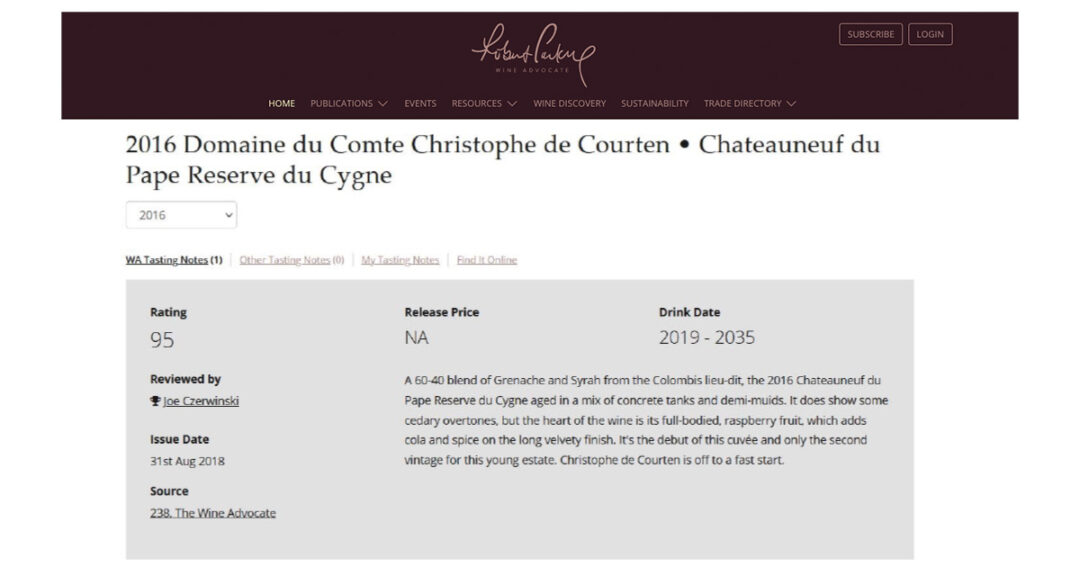 2016 Réserve du Cygne Domaine du Comte par Wine Advocate