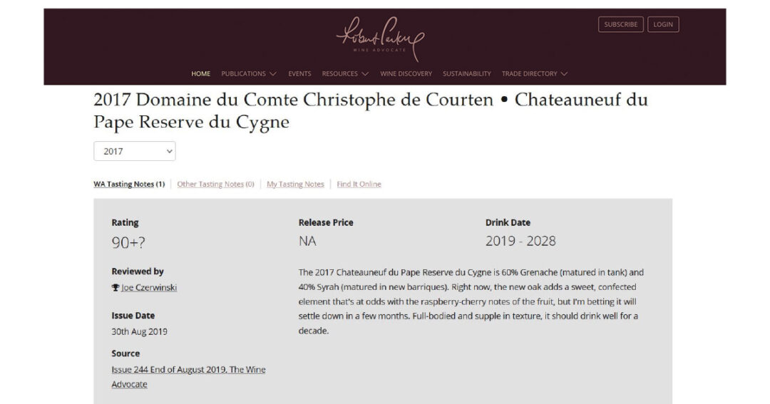 2017 Réserve du Cygne Domaine du Comte Wine Advocate