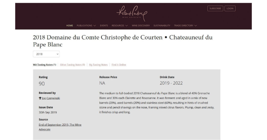 2018 Cuvée Domaine du Comte Blanc Wine Advocate