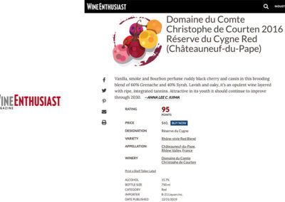 95/100 Réserve du Cygne Domaine du Comte 2016 – Wine Enthusiast