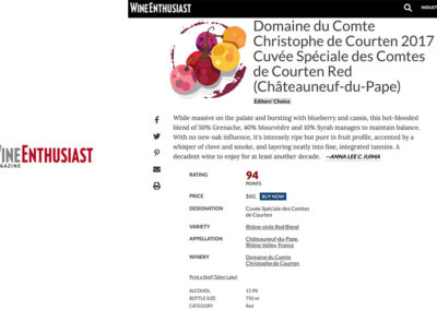 94/100 Domaine du Comte Cuvée Spéciale 2017 Wine Enthusiast