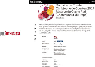 95/100 Domaine du Comte Réserve du Cygne 2017 Wine Enthusiast