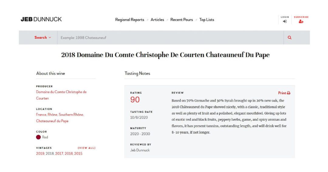 90/100 Châteauneuf-du-Pape Domaine du Comte Rouge 2018 Jeb Dunnuck