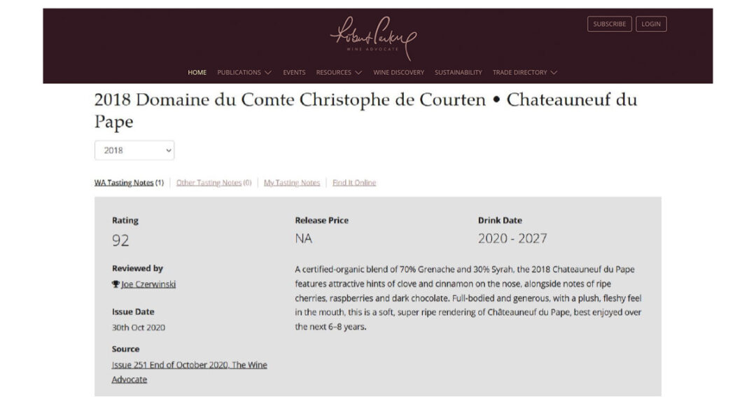 92/100 Domaine du Comte Rouge 2018 Wine Advocate