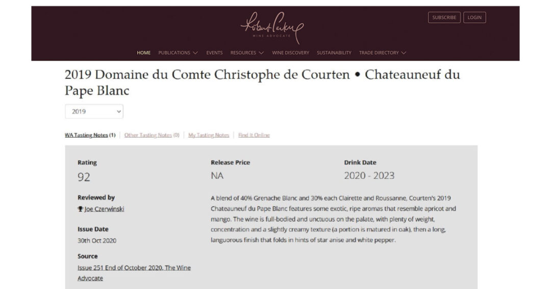 92/100 Châteauneuf-du-Pape Blanc Domaine du Comte 2019 Wine Advocate